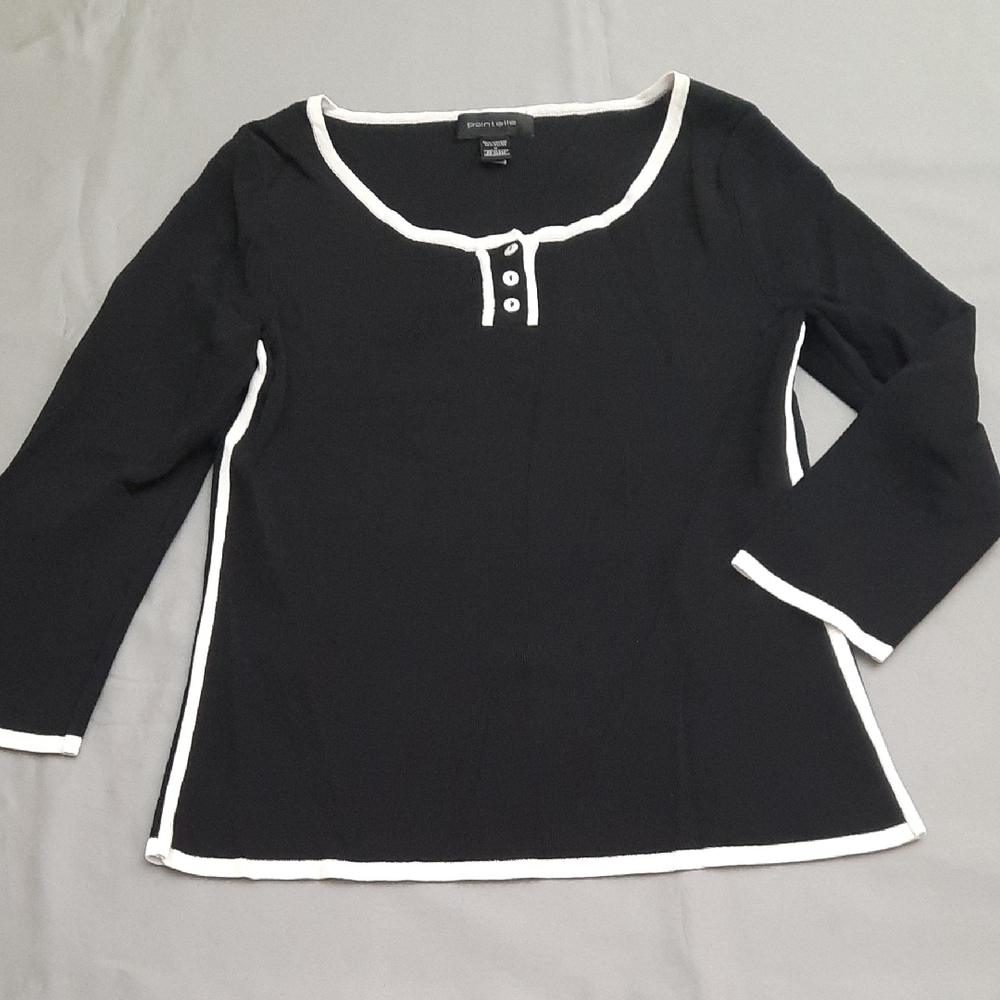 Pointelle's Black Long Sleeve Tee with White Edging - Size M